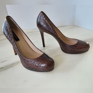 ANN TAYLOR Brown Croc Embossed Leather Platform Stilettos Sz 7.5